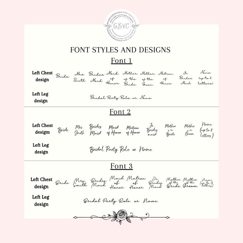May include: A white background shows font styles and designs for wedding apparel. Text includes options for left chest and left leg designs, with examples like "Bride," "Bridesmaid," and "Bridal Party Role or Name."