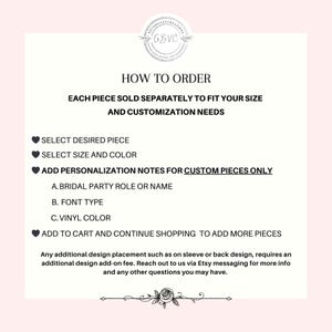 May include: A white and pink graphic with the text "HOW TO ORDER" and instructions for ordering custom apparel. The instructions include selecting a piece, size, colour, and adding personalisation notes. A floral design is at the bottom.