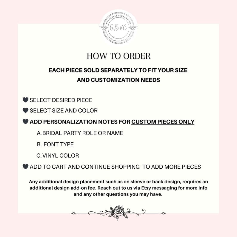 May include: A white and pink graphic with the text "HOW TO ORDER" and instructions for ordering custom apparel. The instructions include selecting a piece, size, colour, and adding personalisation notes. A floral design is at the bottom.