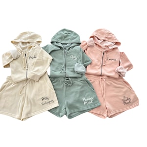 Getting ready outfit for bridesmaids and bride, bridal party custom zip up hoodie, custom sweatshorts set, bride zip up, bridesmaids gifts