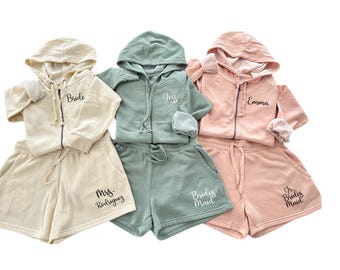 Bridal Party Zip Up Hoodie Sweatshorts Set, Custom Getting Ready Outfit