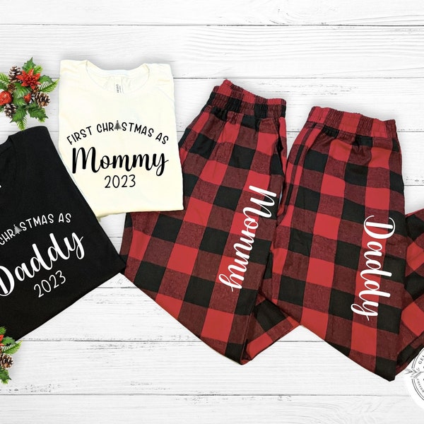 Matching Christmas personalized flannel pajamas set for new mom dad, Our First Christmas as Mommy Daddy custom flannel plaid pajamas