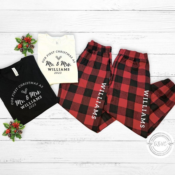 Couples Christmas pajamas, Our First Christmas pajamas, Mr and Mrs matching pajamas, monogrammed Christmas pajamas, flannel pajama pants set