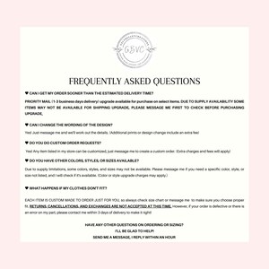 May include: A light pink document with the text "FREQUENTLY ASKED QUESTIONS". The document includes information about order changes, custom requests, available colors and sizes, and returns. A circular logo with the letters "GBVC" is at the top.