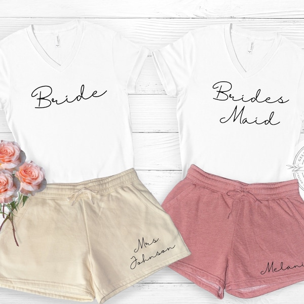 Bridesmaid getting ready outfit, bridal party outfit, bridesmaid pj set, unique bridesmaid gifts, bride getting ready, two piece shorts set