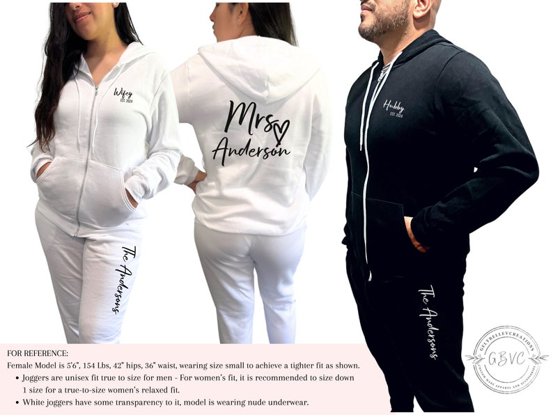May include: White and black matching zip-up hoodies and joggers. The white hoodie has "Wifey Est. 2024" on the front and "Mrs. Anderson" on the back. The black hoodie has "Hubby Est. 2024" on the front. All joggers have "The Andersons" printed on the leg.