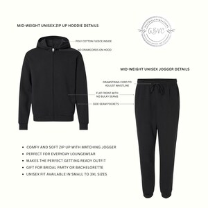 May include: Black mid-weight unisex zip-up hoodie and matching jogger set. The hoodie has a zip front, side-seam pockets, and a drawstring cord to adjust the waistline. The jogger has a flat front with no bulky seams. Available in sizes small to 3XL.