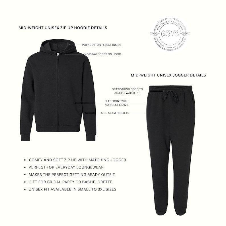 May include: Black mid-weight unisex zip-up hoodie and matching jogger set. The hoodie has a zip front, side-seam pockets, and a drawstring cord to adjust the waistline. The jogger has a flat front with no bulky seams. Available in sizes small to 3XL.