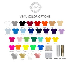 May include: A colour chart showing vinyl colour options for apparel and accessories. The chart includes various colours like white, black, red, orange, and glitter options. The text "VINYL COLOUR OPTIONS" is at the top, with the brand logo above it.