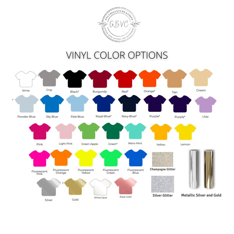 May include: A colour chart showing vinyl colour options for apparel and accessories. The chart includes various colours like white, black, red, orange, and glitter options. The text "VINYL COLOUR OPTIONS" is at the top, with the brand logo above it.