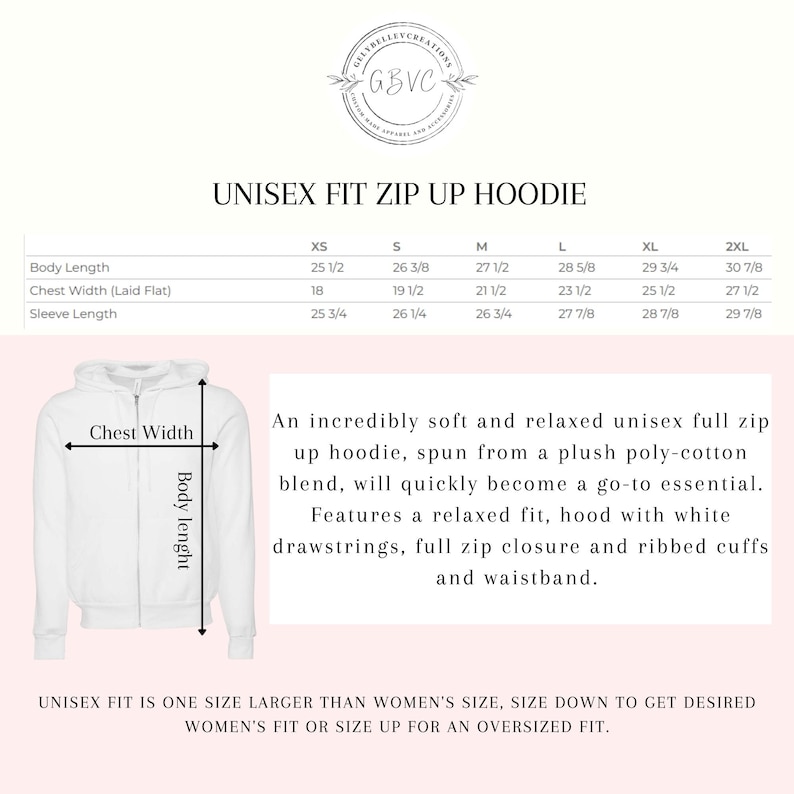 May include: White unisex zip-up hoodie with a relaxed fit, hood, and ribbed cuffs. The image includes a size chart with measurements in inches for body length, chest width, and sleeve length. The hoodie is made of a poly-cotton blend.