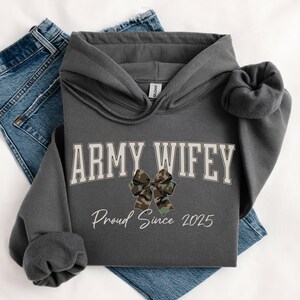 Army Wifey Coquette Hoodie Personalized Military Wife Sweatshirt, Military spouse Gift, Deployment Support Charcoal