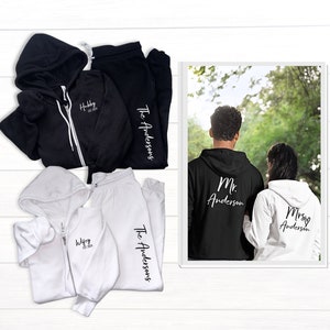 Bride and groom zip up hoodie couple sweatsuits set for getting ready on wedding day, Mr and Mrs tracksuits for honeymoon gift for newlyweds