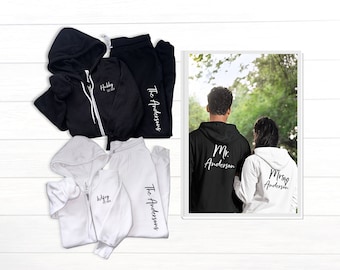 Mr. and Mrs. Bride Groom Matching Couple Zip Up Hoodies, Honeymoon Newlywed Sweatsuits