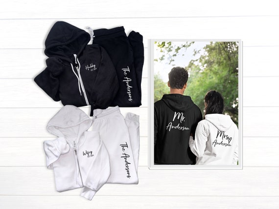 Bride and groom zip up hoodie couple sweatsuits set for getting ready on wedding day, Mr and Mrs tracksuits for honeymoon gift for newlyweds