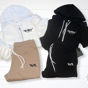 Wifey and hubby matching couple zip up hoodie and custom sweatpants, bride and groom zip up sweatshirt, just married honeymoon sweatsuit set