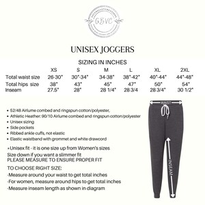 May include: Dark gray unisex joggers with a white drawstring and sizing chart. The chart provides waist, hip, and inseam measurements in inches for sizes XS to 2XL. Features include side pockets and ribbed ankle cuffs.