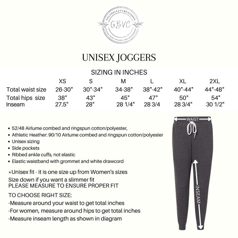 May include: Dark gray unisex joggers with a white drawstring and sizing chart. The chart provides waist, hip, and inseam measurements in inches for sizes XS to 2XL. Features include side pockets and ribbed ankle cuffs.