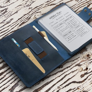 Personalized Leather reMarkable 2 cover, reMarkable 2 Case, reMarkable 2 Tablet case, with card slot & pen holder Elastic strap Blue leather image 1