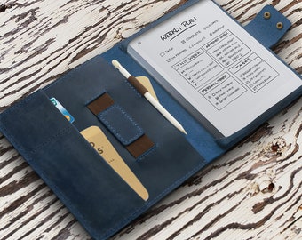 Personalized Leather reMarkable 2 cover, reMarkable 2 Case, reMarkable 2 Tablet case, with card slot & pen holder Elastic strap Blue leather