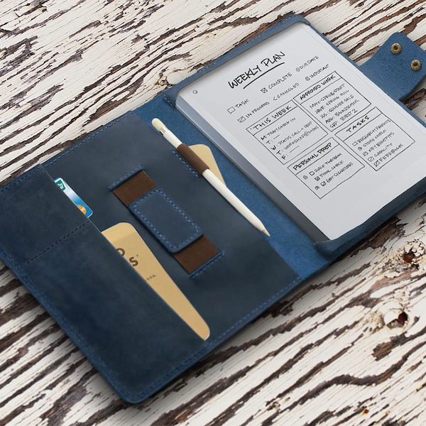 Personalized Leather reMarkable 2 cover, reMarkable 2 Case, reMarkable 2 Tablet case, with card slot & pen holder Elastic strap Blue leather