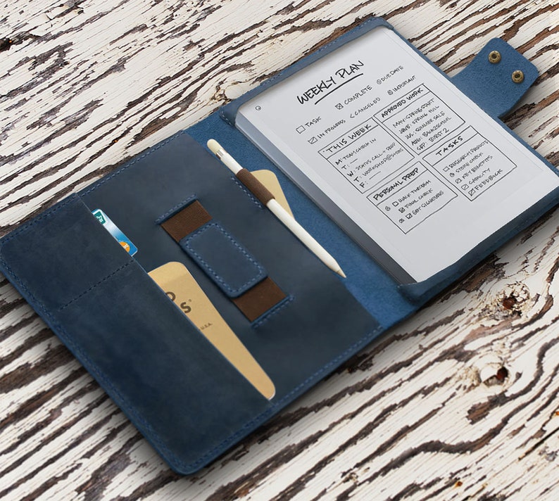 Personalized Leather reMarkable 2 cover, reMarkable 2 Case, reMarkable 2 Tablet case, with card slot & pen holder Elastic strap Blue leather image 1