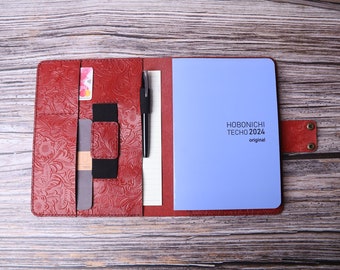 Hobonichi A5 / A6 Cousin Cover ,Hobonichi techo cousin cover with Pen Loop and Elastic strap - Red Embossed Leather  1QABHO-A5-6