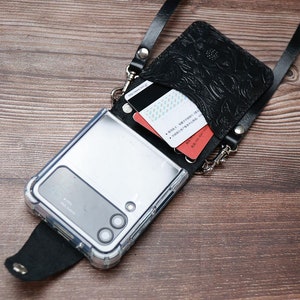 Crossbody Strap Tooled Leather Galaxy Z Flip7 Z Flip7 FE Z Flip6 Z Flip4 Case,Leather Z Flip 5 Leather Case Wireless Charging Black
