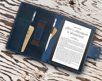 Personalisierte Leder PocketBook Basic Lux 4 InkPad Eo Verse Pro Tablet-Hülle, mit Kartenfach und Stifthalter Gummiband Blaues Leder 1BJEP01