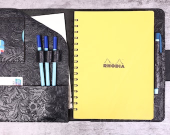 Cubierta de cuero hecho a mano RHODIA para cuaderno Portfolio, apto para RHODIA cuaderno engarzado con alambre A5 + tamaño 16 x 21cm / 6.3 x 8.3 pulgadas, negro #RH-3Q