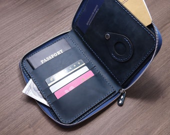 Personalized Handcrafted Leather Passport Holder with AirTag Slot, Card Slots, and Zipper Closure for Secure Travel 1BSBY03