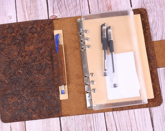 Personalized A5 / A6 6 ring Leather Journal , Embossed brown leather refillable binder travel notebook portfolio, HY6-1