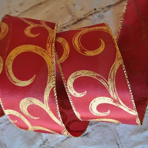 5 Yds  Dark Red Ribbon with Glittery Gold  scalloped design for Christmas wreaths, bows, tree, swag, gift wrap, home decor, etc.