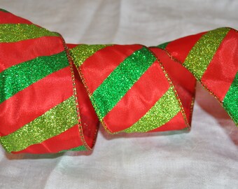 5 Yds Red & Lime Green, Kelly Green Striped Wire Edge Ribbon for Christmas wreaths, bows, tree, swag, gift wrap, home decor, etc.