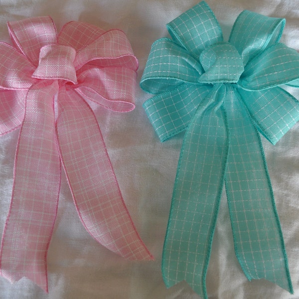 2 Small Bows: Pink and Aqua plaid  Bows for Gift Packages,  Door Hangers, Wreaths, Swags, Staircase, Fireplace,  Home Decor, etc.