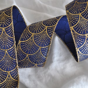 5  Yds Navy Blue with Glitter Gold  Patterns Ribbon for door hangers, Christmas wreaths, bows, tree, swag, gift wrap, home decor, etc.