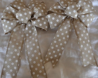 2 Small Beige Linen Bows with White Polka Dots for Gift Packages,  Door Hangers, Wreaths, Swags, Staircase, Fireplace,  Home Decor, etc.