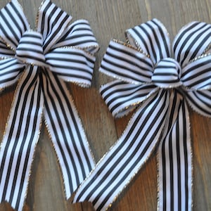 2 Small White and Black  Striped Bows for Gift Packages,  Tree Decor, Wreaths, Swags, Staircase, Fireplace,  Home Decor, etc.