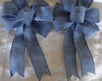 2 Denim Blue Linen look Bows for Gift Packages, Spring or Summer Decor, Wreaths, Swags, Staircase, Fireplace,  Home Decor, etc.