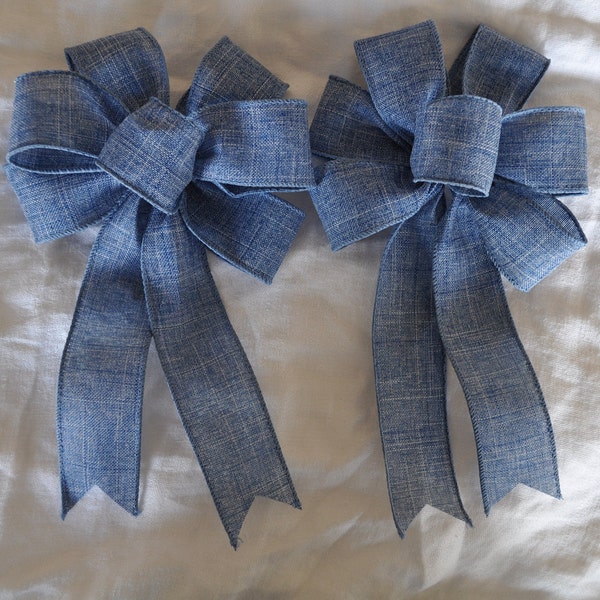 2 Denim Blue Linen look Bows for Gift Packages, Spring or Summer Decor, Wreaths, Swags, Staircase, Fireplace,  Home Decor, etc.