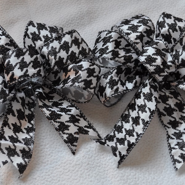 2 Small White and Black  Houndstooth Bows for Gift Packages,  Tree Decor, Wreaths, Swags, Staircase, Fireplace,  Home Decor, etc.