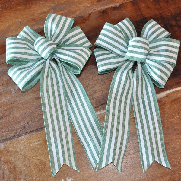 2 Small White and Green Striped Bows for Gift Packages, Spring & Summer decor, Wreaths, Swags, Staircase, Fireplace,  Door Hangers, etc.