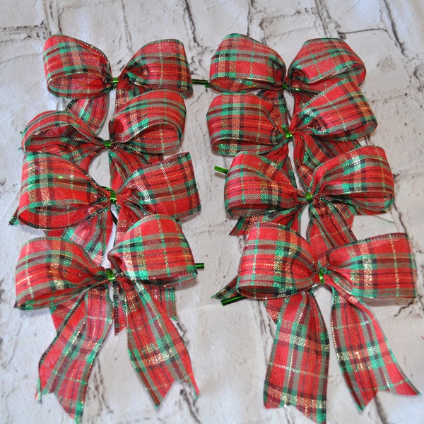 8 Extra Small Red and Green plaid Christmas Bows for Gift Packages, Tree Decor, Wreaths, Swags, Home Decor, etc.