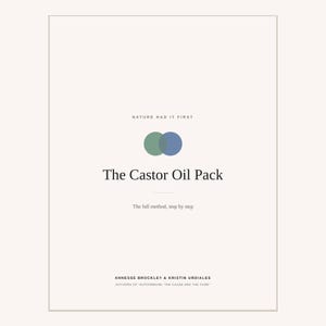 May include: A book cover with a cream background featuring the text Nature Had It First, The Castor Oil Pack, The full method, step by step, and the authors Annesse Brockley & Kristin Urdiales, with a green and blue overlapping circle graphic.