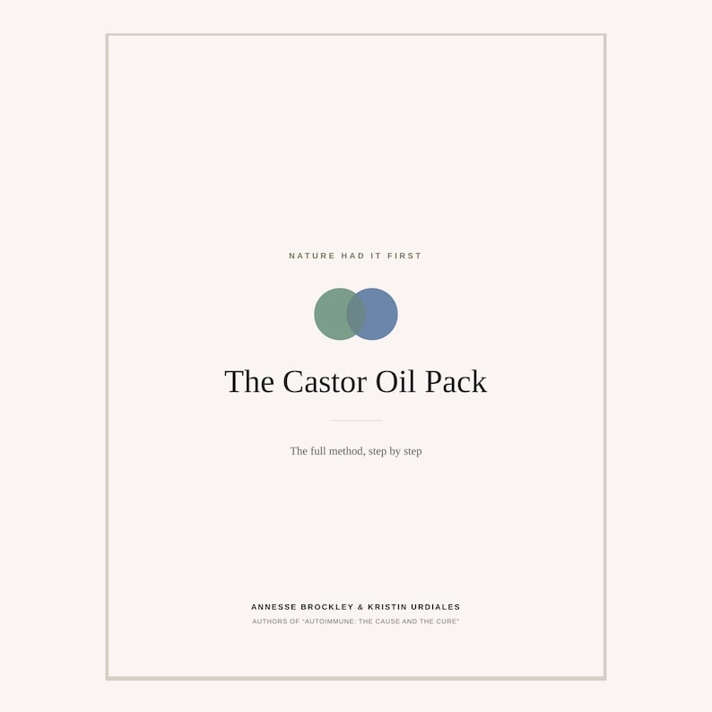 May include: A book cover with a cream background featuring the text Nature Had It First, The Castor Oil Pack, The full method, step by step, and the authors Annesse Brockley & Kristin Urdiales, with a green and blue overlapping circle graphic.