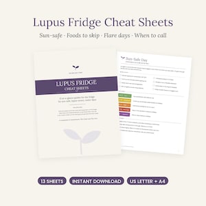 May include: Lupus Fridge Cheat Sheets featuring 13 informational pages for sun safety, food choices, and flare management. The documents include a cover page with the title and a Sun-Safe Day guide with colour-coded safety levels and checklists.