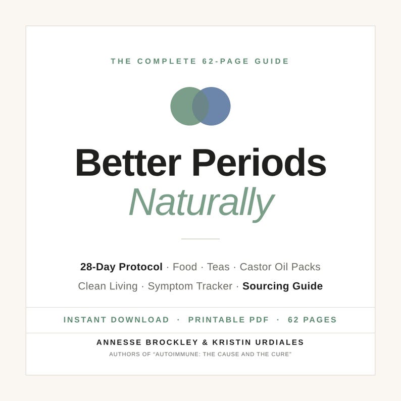 Puede incluir: Una gu&iacute;a digital de 62 p&aacute;ginas titulada Better Periods Naturally, que incluye un protocolo de 28 d&iacute;as, alimentos, t&eacute;s, paquetes de aceite de ricino, vida saludable, rastreador de s&iacute;ntomas y gu&iacute;a de abastecimiento por Annesse Brockley y Kristin Urdiales.