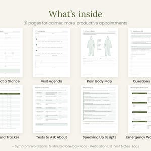 May include: A digital planner with 31 pages for medical appointments, featuring sections titled What's inside, Health at a Glance, Visit Agenda, Pain Body Map, Questions to Ask, Lab Trend Tracker, Tests to Ask About, Speaking Up Scripts, and Emergency Wallet Cards.