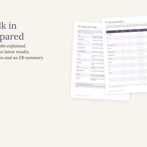 Peut inclure: Deux pages imprim&eacute;es blanches intitul&eacute;es Lupus Lab Tests et My Lab Results avec des en-t&ecirc;tes violet fonc&eacute;. Le texte indique Walk in prepared, Lupus labs explained, earlier vs latest results, questions and an ER summary. Les pages incluent des tableaux.