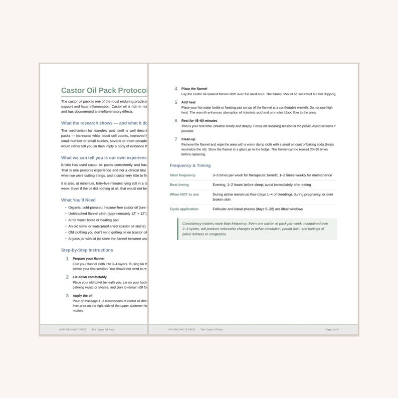 May include: A two-page informational document titled Castor Oil Pack Protocol. The text outlines instructions, including preparing the flannel, applying oil, adding heat, and timing. It lists necessary items and frequency guidelines for use.